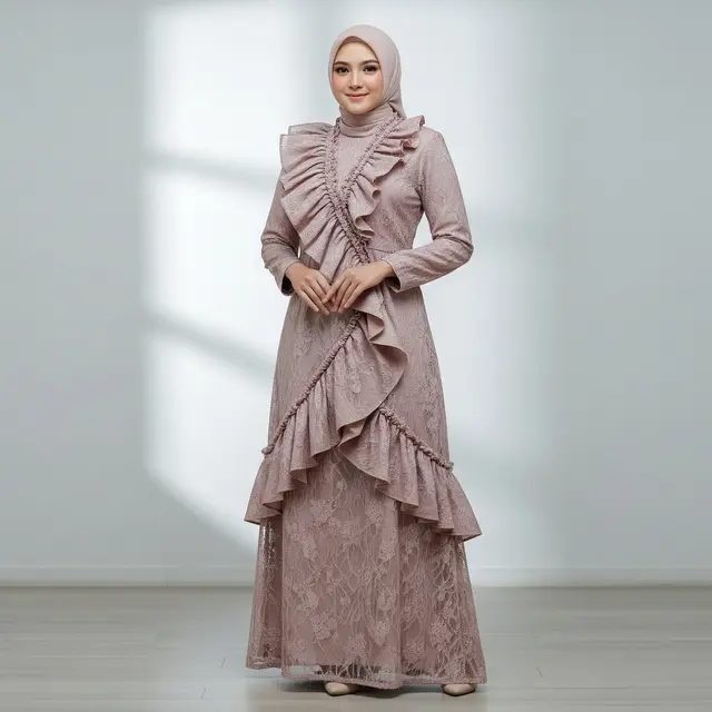Model Gamis Terbaru Kombinasi Rempel di Dada
