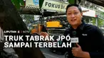 Membawa muatan ekskavator yang melebihi batas tinggi jembatan, truk menabrak JPO di Jalan Tendean, Jakarta Selatan. Kencangnya benturan menyebabkan JPO terbelah.