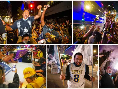 Para fans LA Lakers larut dalam suka cita saat merayakan gelar juara NBA 2020. Mereka tumpah ruah di jalanan Los Angeles, Amerika Serikat.