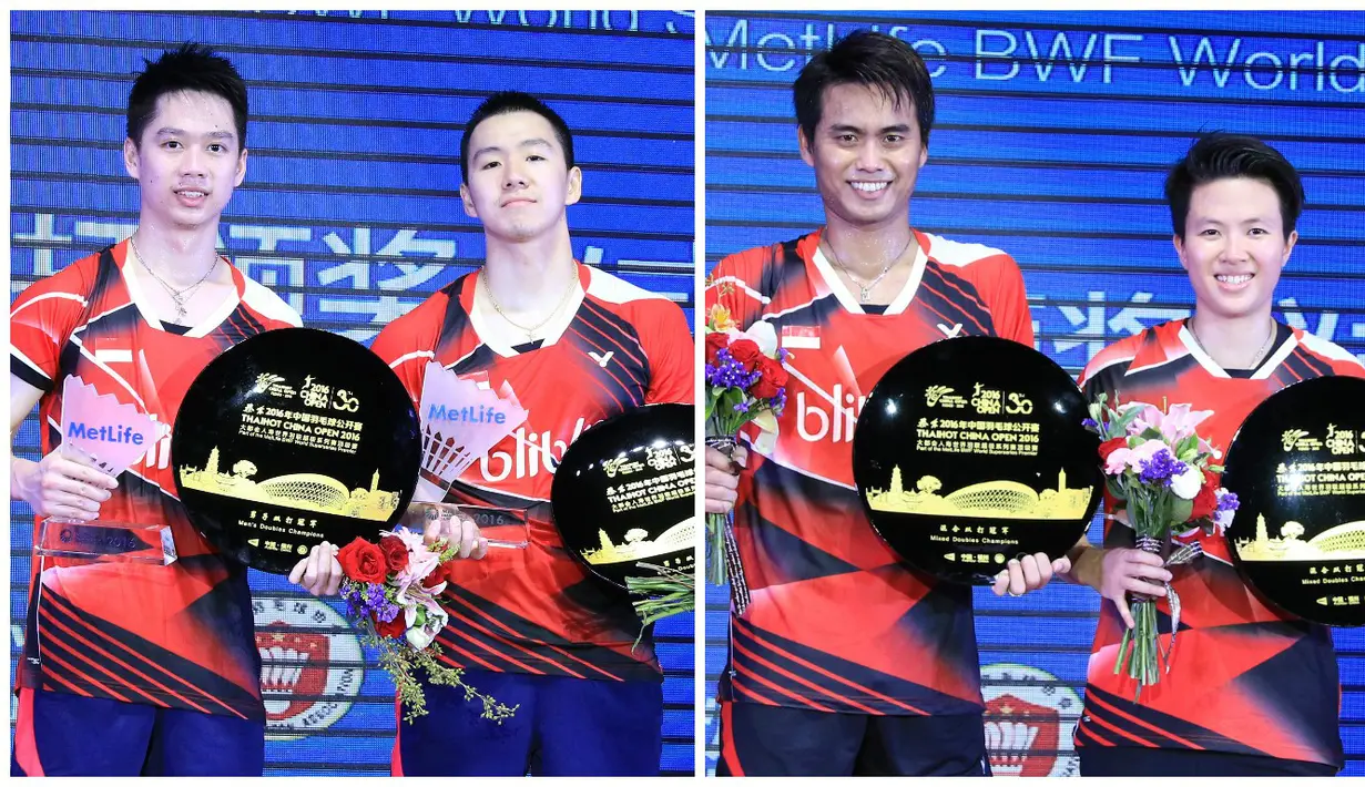 Dua ganda Indonesia berjaya di China Terbuka Super Series Premier 2016. Kevin Sanjaya Sukamuljo/Marcus Fernaldi Gideon dan Tontowi Ahmad/Liliyana Natsir meraih gelar juara. (PBSI)