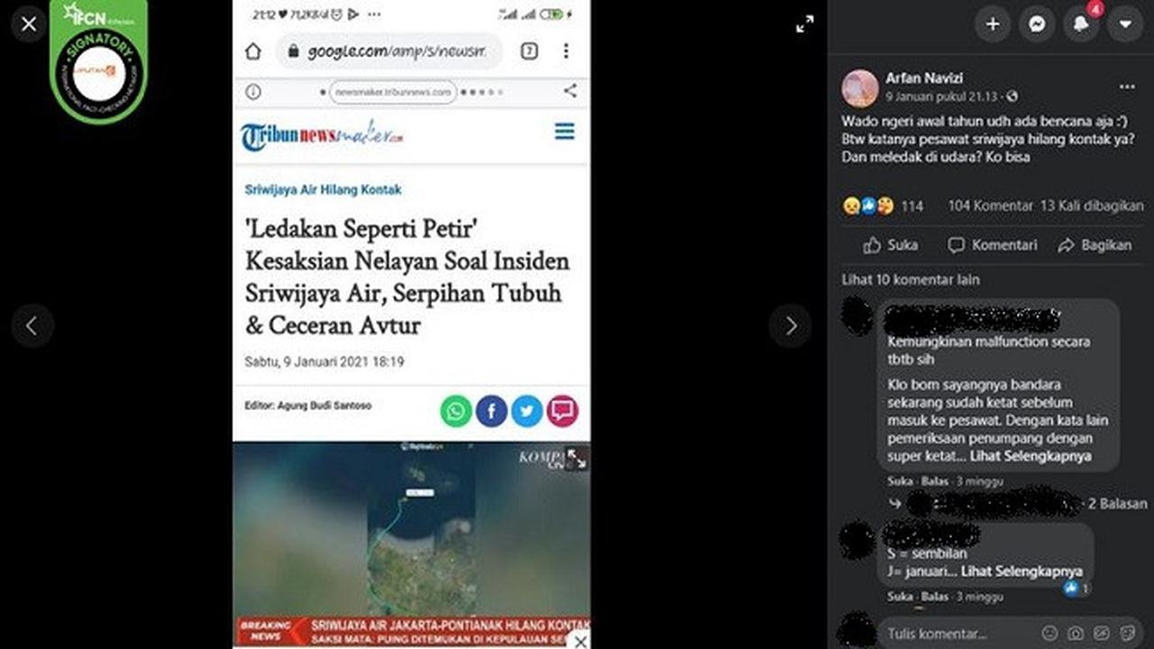 Gambar Tangkapan Layar Kabar Sriwijaya Air SJ 182 Meledak di Udara (sumber: Facebook)