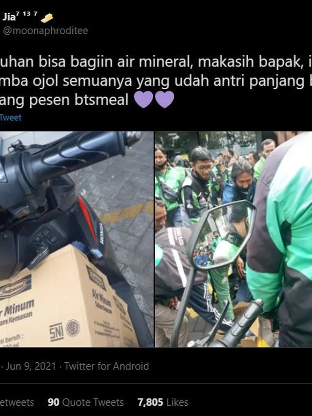 Unggahan Army mengenai ojol dan BTS Meal. (Twitter / @moonaphroditee)