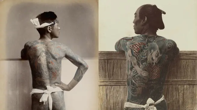 Tato di Jepang pada 1890-an dan tato oleh Kimbei. (Sumber Wikimedia Commons dan Wikimedia Commons/Kusakabe Kimbei)