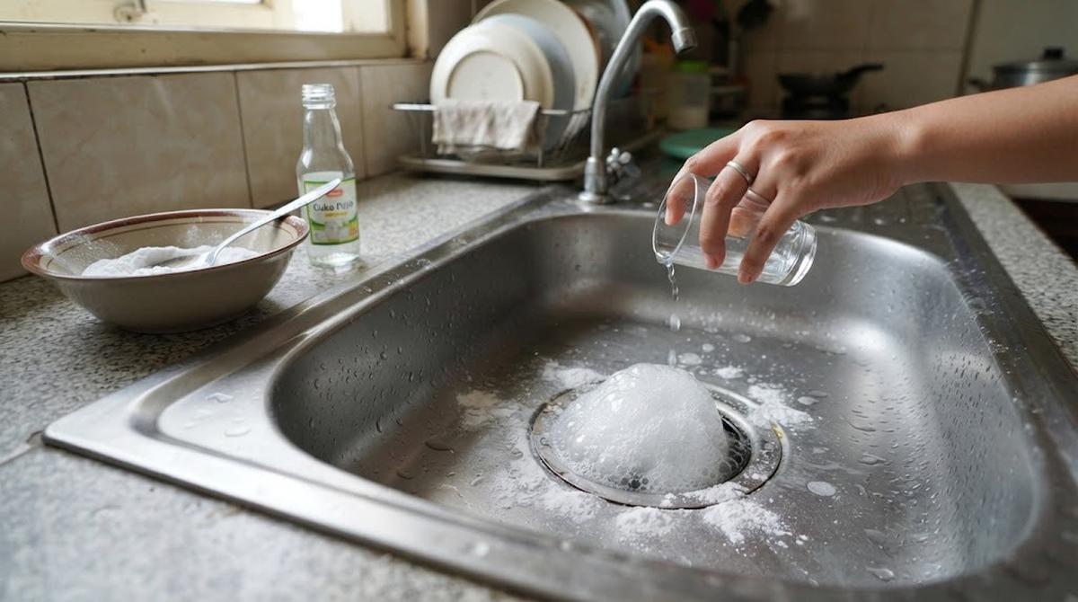 Menuang Campuran Baking Soda dan Cuka