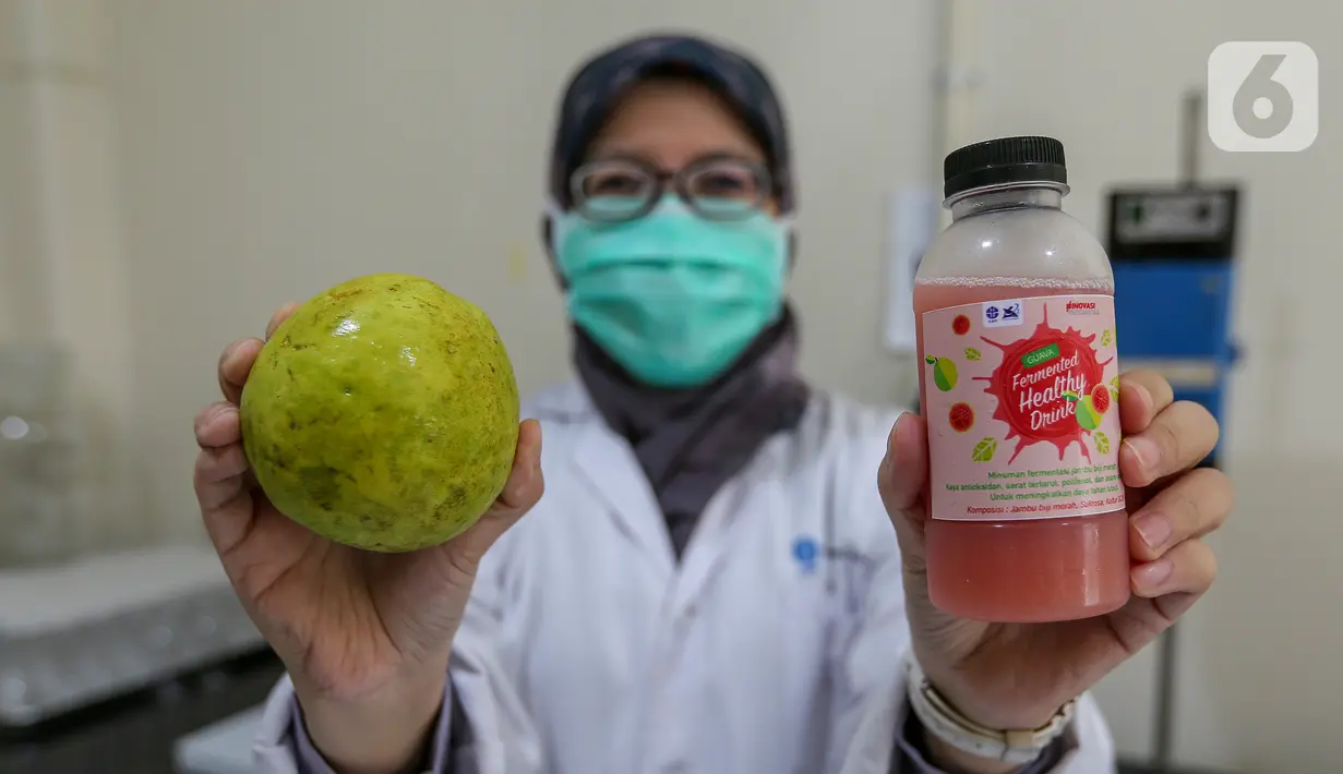 Peneliti menunjukkan buah jambu merah dan minuman jambu merah yang telah difermentasi di Kimia Pangan Pusat Penilitian Kimia LIPI Puspitek, Serpong, Tangerang, Kamis (4/6/2020). Proses fermentasi selama 2-7 hari cocok diminum yang imunitas rendah di masa pandemi Covid-19. (Liputan6.com/Fery Pradolo)