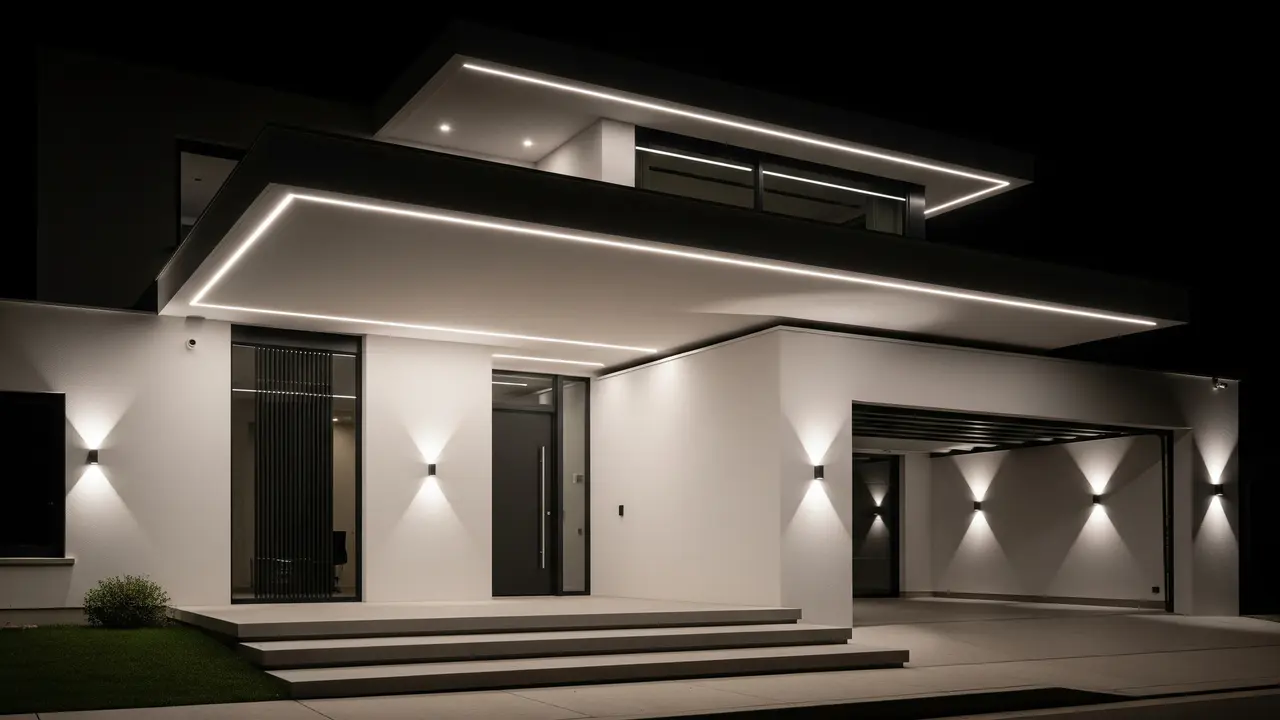 Desain Fasad Rumah Futuristik dengan LED dan Garis Tegas