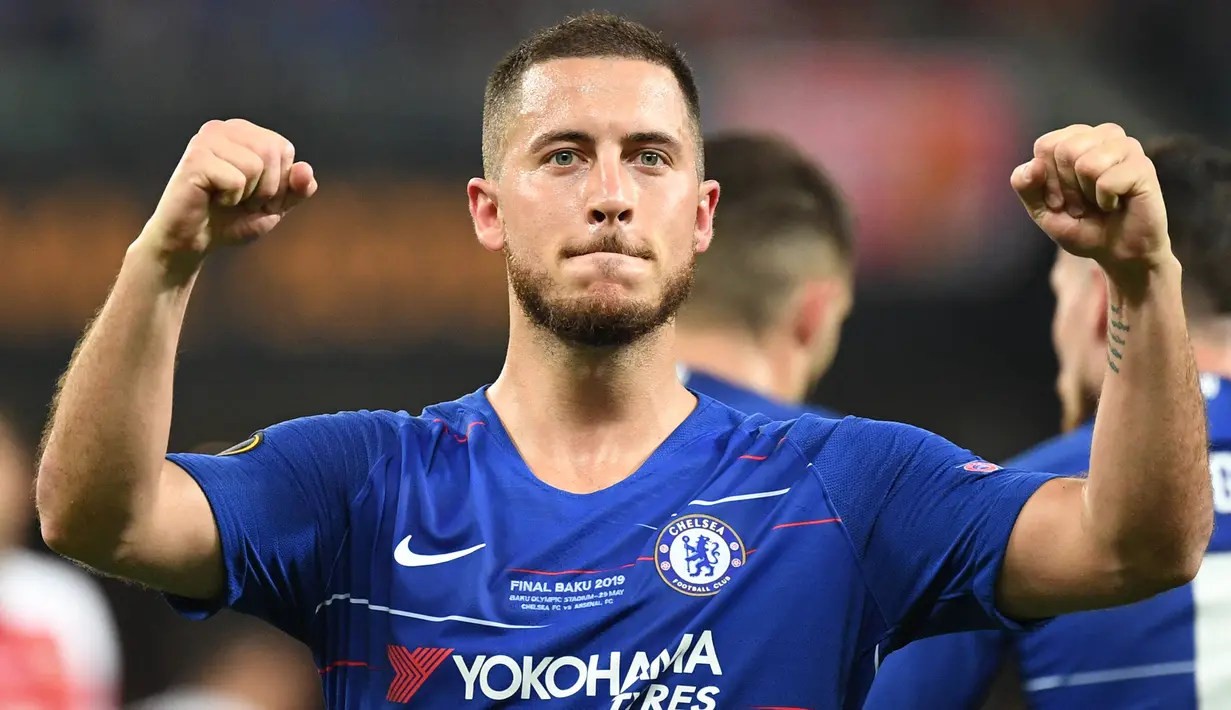 Selebrasi gelandang Chelsea, Eden Hazard setelah mencetak gol ke gawang Arsenal pada laga laga final Liga Europa 2018/2019 di Baku Olympic Stadium, Baku, Azerbaijan (29/5/2019). Hingga kini Eden Hazard tercatat menjadi pemain termahal Chelsea yang pernah dijual ke klub Liga Spanyol sepanjang sejarah. Ia dijual ke Real Madrid pada awal musim 2019/2020 dengan mahar 115 juta euro atau kini setara Rp1,9 triliun setelah membela Chelsea sejak awal musim 2012/2013 usai didatangkan dari LOSC Lille. (AFP/Ozan Kose)