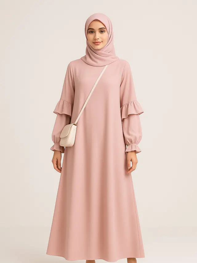 Model Gamis Syari A-Line Ruffle Lengan Soft Trend 2025