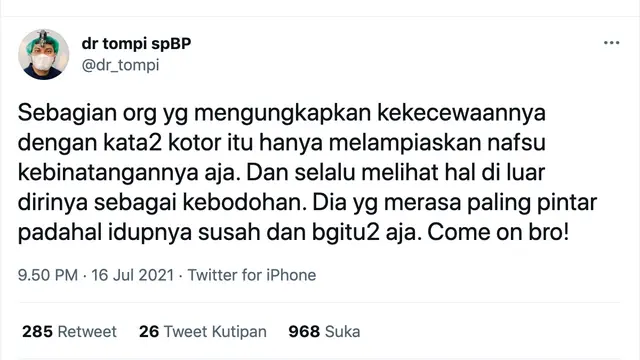 Unggahan Tompi. (Foto: Twitter @dr_tompi)