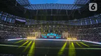 Suasana acara peresmian Stadion Jakarta International Stadium (JIS) di Jakarta, Minggu (24/7/2022). Peresmian stadion sepak bola berstandar internasional dengan kapasitas 82.000 penonton itu memiliki konsep 2P, yaitu pertunjukan dan pertandingan. (Liputan6.com/Herman Zakharia)