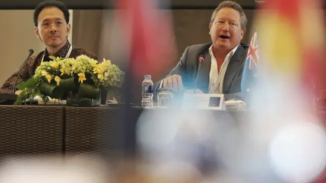 President Commissioner Emtek, Eddy Kusnadi Sariaatmadja menyampaikan pidato pembuka Bali Process Business Forum 2018, Senin 6 Agustus di Nusa Dua, Bali (Faizal Fanani / Liputan6.com)