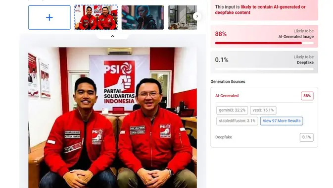 Klaim Foto Ahok duduk bersama Kaesang Pangarep dan memakai jaket PSI menunjukkan buatan AI. (Foto: tangkapan layar Hive moderation)