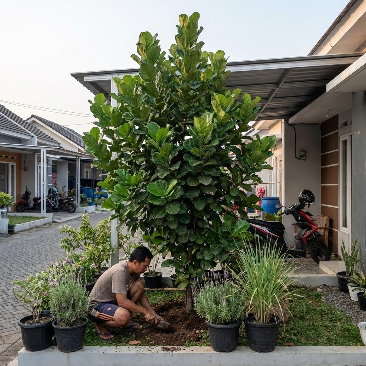 Menanam Ketapang Biola Cantik (Ficus lyrata) di depan rumah (Gemini AI)