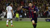 Striker Barcelona Lionel Messi merayakan golnya ke gawang Bayern Muenchen pada leg pertama semifinal Liga Champions (PIERRE-PHILIPPE MARCOU / AFP)