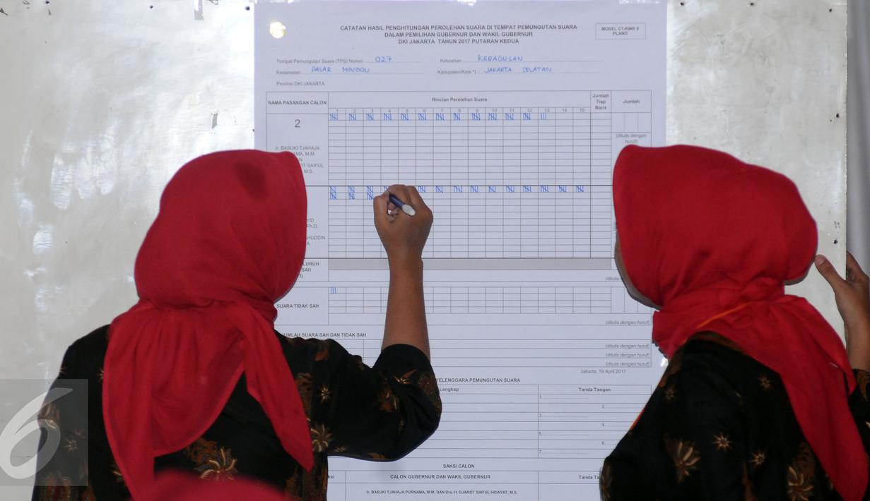 Petugas KPPS mencatat hasil penghitungan surat suara Pilkada DKI Jakarta putaran 2 di TPS 027, Kebagusan, Jakarta, Rabu (19/4). Pasangan Anis Baswedan-Sandiaga Uno unggul 292-252. (Liputan6.com/Helmi Fithriansyah)