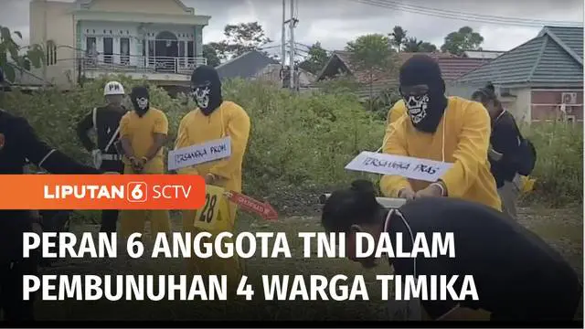 Polres Mimika bersama Subdenpom Timika menggelar rekonstruksi kasus pembunuhan dan mutilasi empat warga di Timika. Sebanyak 50 adegan diperagakan para tersangka termasuk enam anggota TNI. Kasus ini diduga dilatarbelakangi jual beli senjata.
