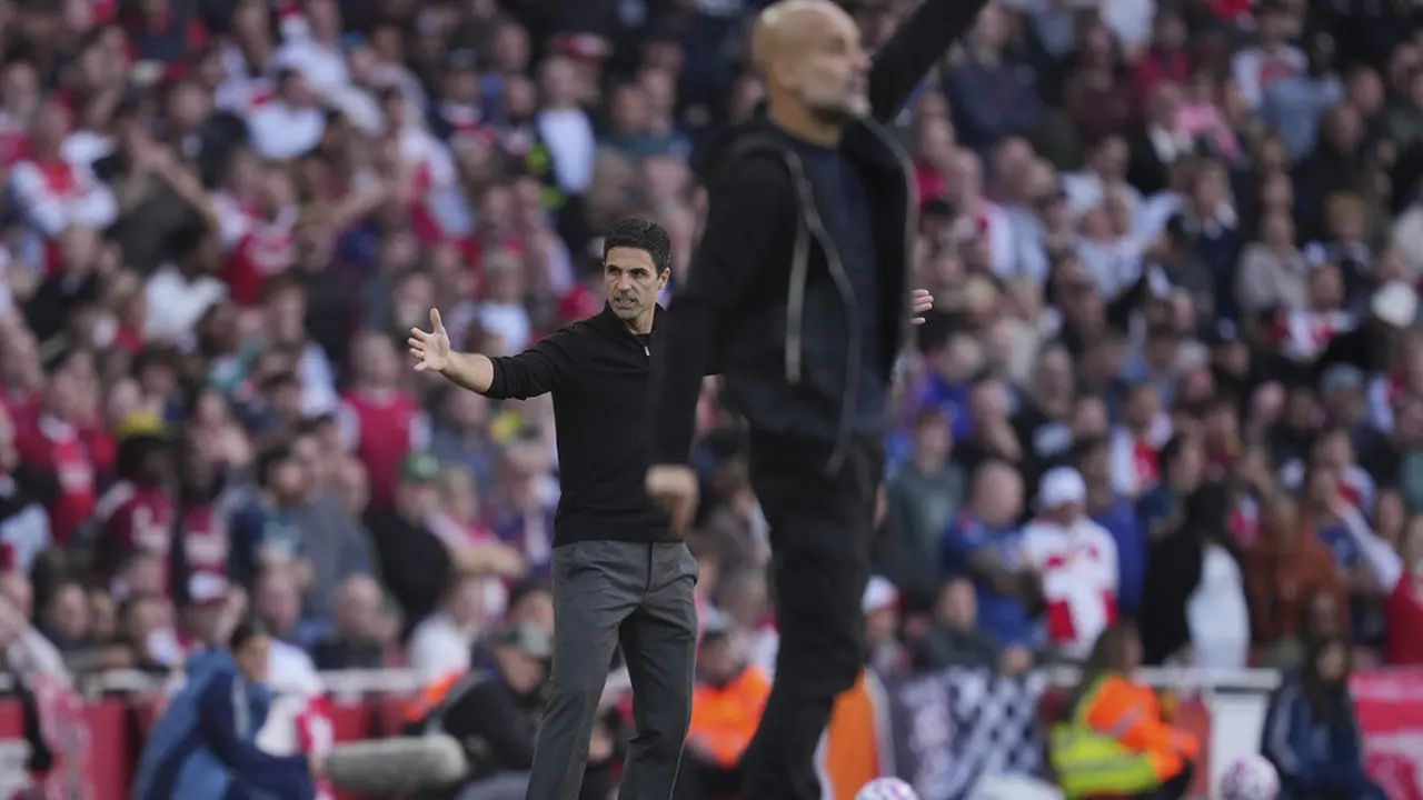 Ekspresi Mikel Arteta di laga Arsenal vs Manchester City di pekan kelima Liga Inggris 2025/26 di Emirates Stadium, Minggu (21/09/2025). (AP Photo/Kin Cheung)