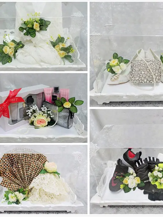 Dalam acara lamaran itu, sesuai dengan tradisi calon dari mempelai pria membawa seserahan. Bermacam barang seperti sepatu kaos dan masih banyak lagi dibawa saat acara pertunangan tersebut. (Instagram/tyasmirasih)