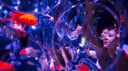 Pengunjung melihat ikan emas yang berada di dalam akuarium saat Pameran Seni Aquarium di Tokyo, Jepang (10/7/2015). Pameran yang menampilkan ribuan ikan emas di dalam aquarium ini merupakan karya desainer Jepang Hidetomo Kimura. (REUTERS/Thomas Peter)