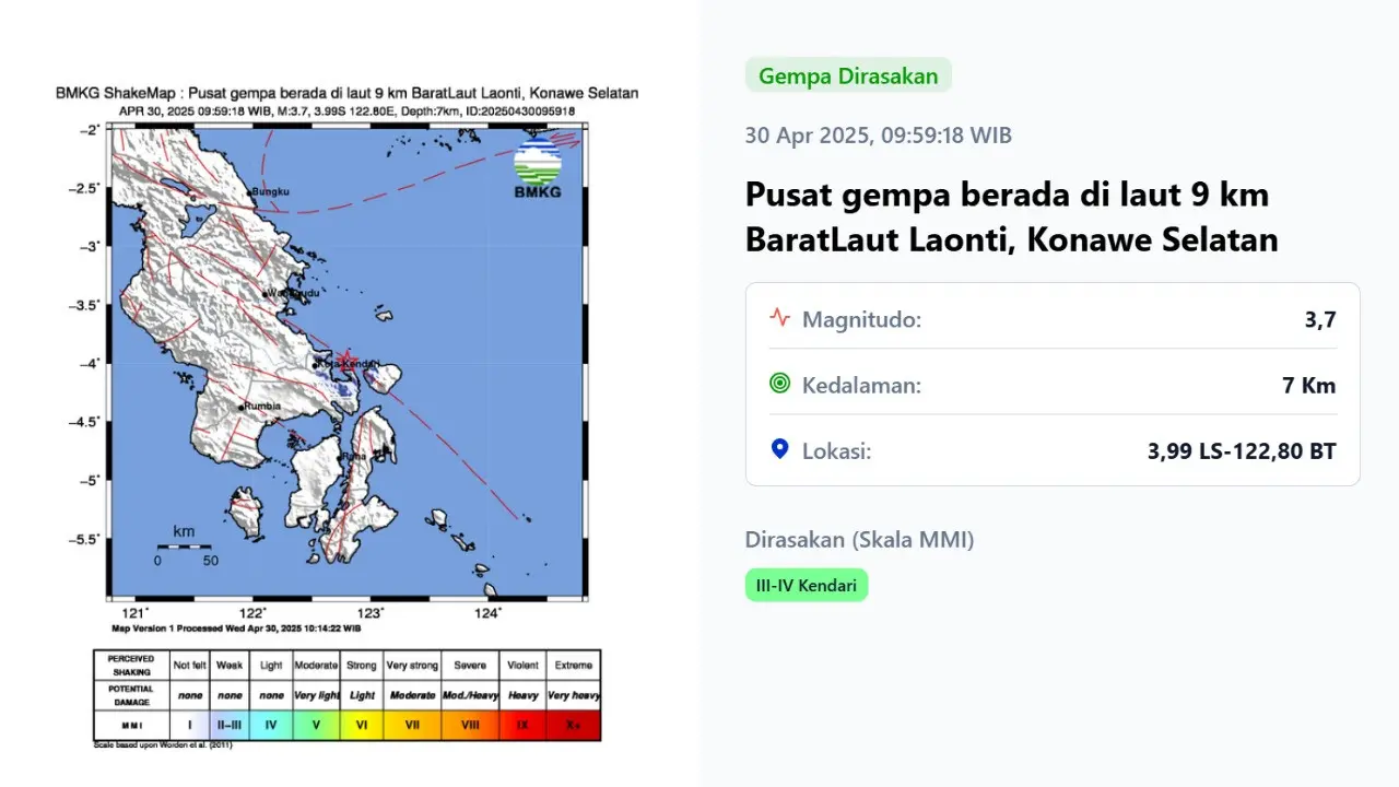 Gempa hari ini di pertengahan pekan, Rabu (30/4/2025) menggetarkan pagi tadi pukul 09:59:18 WIB di wilayah Konawe Selatan, Provinsi Sulawesi Tenggara (Sultra).