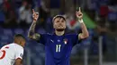 Penyerang Italia, Ciro Immobile melakukan selebrasi usai mencetak gol ke gawang Swiss pada pertandingan grup A Euro 2020 di stadion Olimpiade di Roma, Italia, Rabu (16/6/2021). Dengan hasil ini, Italia kokoh dipuncak klasemen dengan poin enam. (Andreas Solaro/Pool Photo via AP)