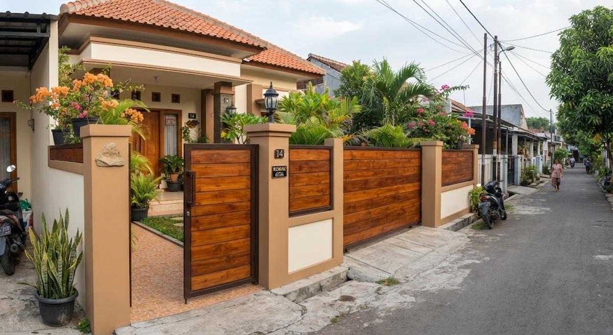 Warna cat pagar warm tone yang terlihat elegan model cokelat kayu untuk pagar