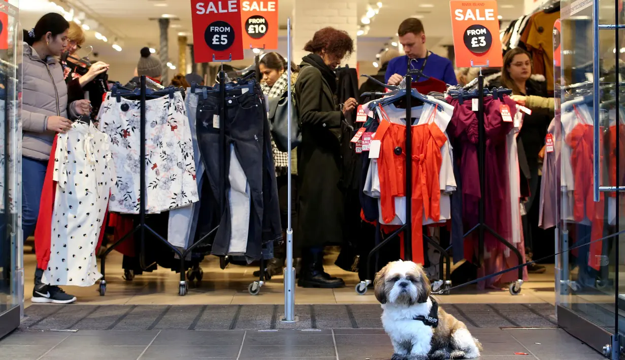 Seekor anjing menunggu di luar toko selama Boxing Day di Edinburgh, Rabu (26/12). Pada Boxing Day ini, hampir semua toko yang memberikan pesta diskon diserbu para pembeli dan terjadi antrean panjang.  (Jane Barlow//PA via AP)