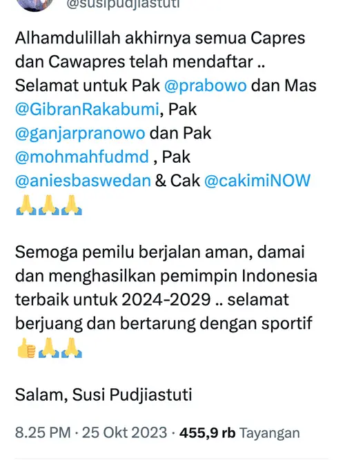 Susi Pudjiastuti Lantun Doa Setelah Prabowo Gibran Daftar KPU, Netizen  Minta Saran Capres Paling Oke - ShowBiz Liputan6.com