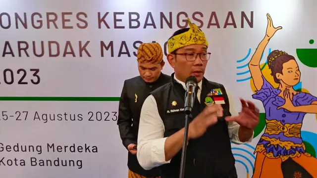 Gubernur Jawa Barat Ridwan Kamil dalam Kongres Kebangsaan Barudak Masagi di Gedung Merdeka, Kota Bandung, Sabtu (26/8/2023). (Foto: Liputan6.com/Arya Prakasa)
