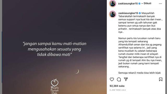Unggahan Zaskia Sungkar. (Foto: Dok. Instagram @zaskiasungkar15)
