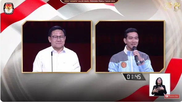 <p>Calon Wakil Presiden (Cawapres) nomor urut 01 Muhaimin Iskandar, dan Cawapres nomor urut 02 Gibran Rakabuming Raka saat debat cawapres Pilpres 2024 yang digelar di JCC Senayan, Jakarta, Minggu (21/1/2024). (Tangkapan Layar YouTube KPU RI)</p>