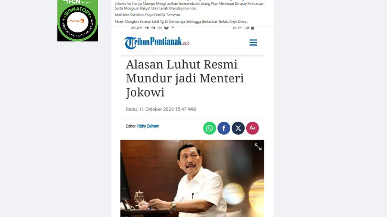 Tangkapan layar klaim Luhut Binsar Padjaitan mundur dari jabatan menteri