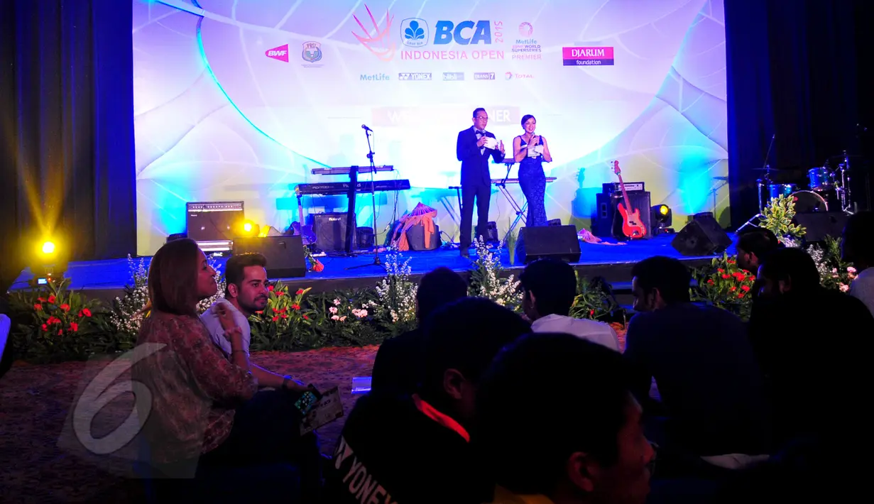 Suasana acara welcome dinner BCA Indonesia Open Superseries Premier 2015 yang digelar di Golden Ballroom Hotel Sultan, Jakarta, Senin (1/6/2015). Indonesia Open akan berlangsung di Istora Gelora Bung Karno, 2-7 Juni. (Liputan6.com/Yoppy Renato)