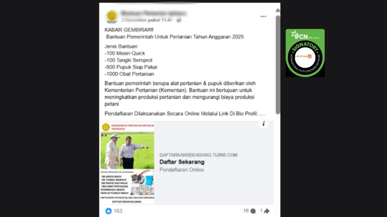 Tangkapan layar klaim link pendaftaran bantuan alat pertanian dan pupuk dari Kementan. Cek faktanya.