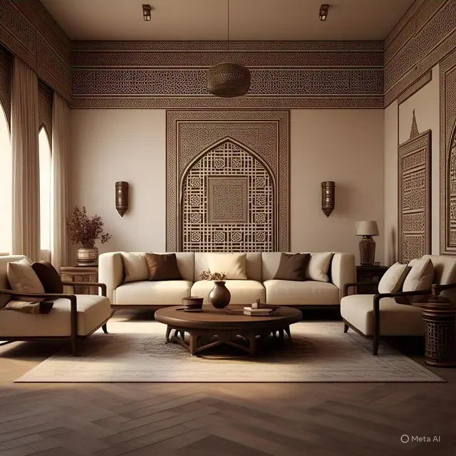 Gambar desain ruang tamu arabian style alias ruang tamu khas arab. (Foto: Meta AI)