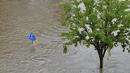 Tanda penyeberangan terlihat di taman yang banjir di samping sungai Han menyusul hujan deras di Seoul (11/8/2020). Musim hujan Korea Selatan, yang dimulai pada 24 Juni, menyamai rekor sebelumnya 49 hari yang ditetapkan pada 2013, kata Badan Meteorologi Korea. (AFP/Jung Yeon-je)