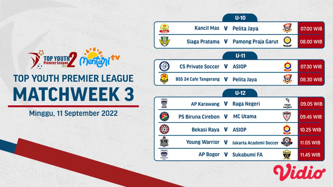 Link Live Streaming Top Youth Premier League Matchweek 3 Minggu, 11 September