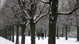 Orang berjalan selama hujan salju di lapangan Istana Charlottenburg di Berlin , Jerman , 17 Januari 2016. Tupai merah biasa ada di taman-taman yang ada di Jerman dan sejumlah negara Eropa lainnya. (REUTERS / (Fabrizio Bensch)