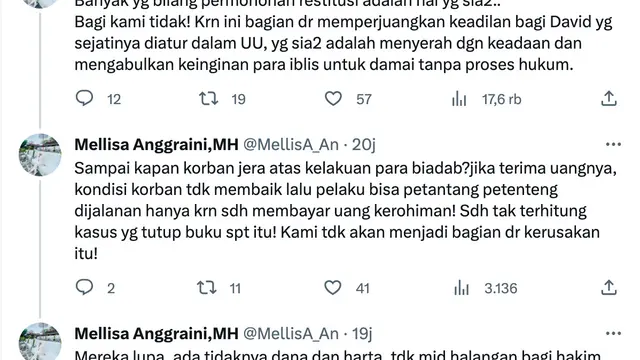 Cuitan pengacara David Ozora, Mellisa Anggraini. (Foto: Dok. Twitter @MellisA_An)