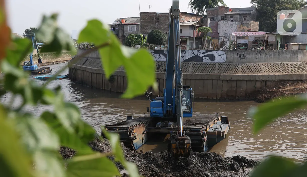 Petugas menggunakan alat berat melakukan proses pengerukan endapan tanah di aliran Sungai Ciliwung, Jakarta, Selasa (28/7/2020). Pengerukan endapan ini untuk memperlancar aliran air Sungai Ciliwung serta upaya pencegahan banjir saat musim hujan. (Liputan6.com/Helmi Fithriansyah)