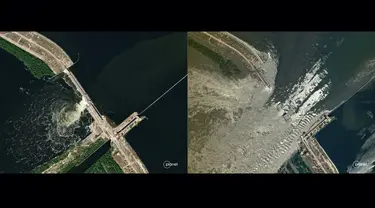 Kombinasi gambar selebaran SkySat oleh Planet Labs ini menunjukkan (kiri) gambar SkySat yang diambil pada 4 Juni 2023 yang dirilis pada 6 Juni 2023 menunjukkan bendungan HPP Kakhovka yang tidak rusak dan (kanan) gambar yang diambil pada 6 Juni 2023 memperlihatkan air yang mengalir melalui bendungan Kakhovka HPP yang rusak. (Handout / 2023 Planet Labs PBC / AFP)