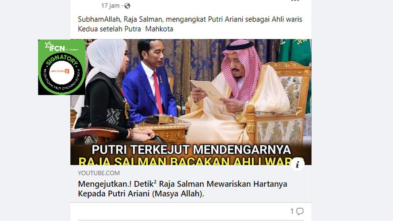 Tangkapan layar klaim video Raja Salman mewariskan hartanya ke Putri Ariani