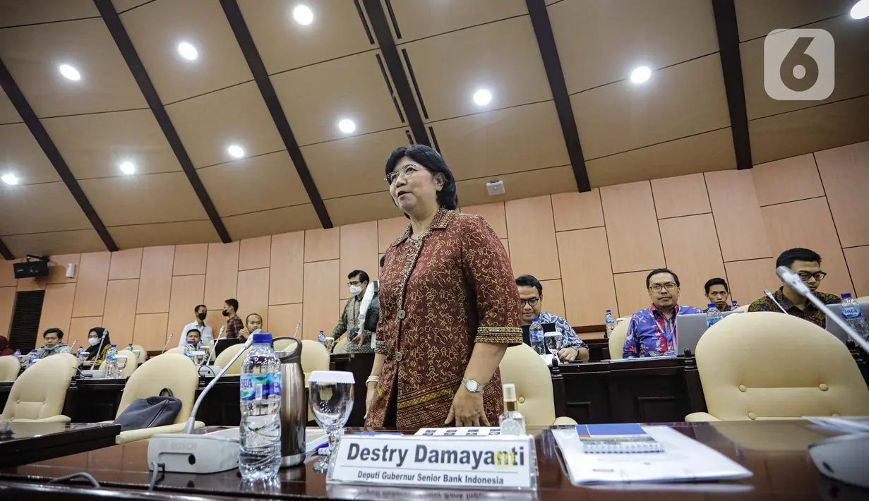 Deputi Gubernur Senior Bank Indonesia (BI) Destry Damayanti usai mengikuti rapat kerja dengan DPD RI di Kompleks Parlemen, Senayan, Jakarta, Rabu (14/6/2023). (Liputan6.com/Faizal Fanani)