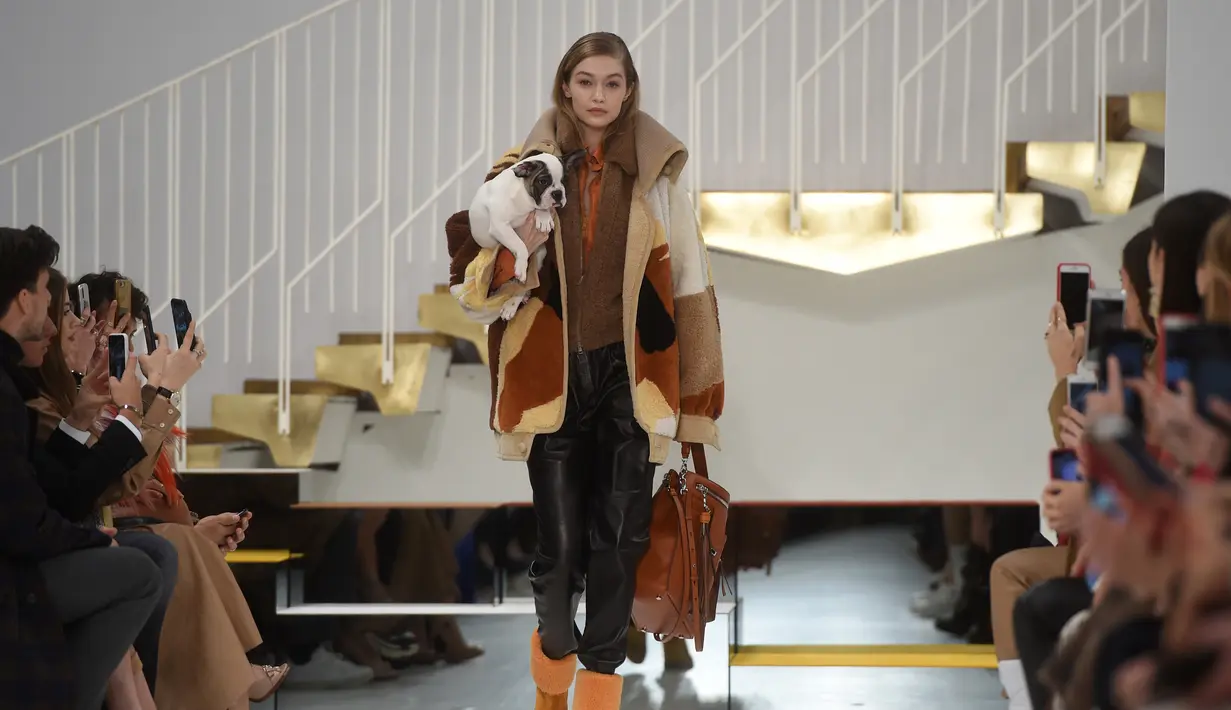 Aksi model asal AS, Gigi Hadid saat menggendong anak anjing ketika memamerkan rancangan Tod's di Milan Fashion Week, Milan, Italia, Jumat (23/2). (Filippo MONTEFORTE/AFP)