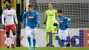 Penyerang Napoli, Lorenzo Insigne usai mencetak gol ke gawang RB Leipzig pada 32 besar Liga Europa di Red Bull Arena, (22/2). Napoli tersingkir karena kalah agresivitas gol tandang setelah takluk 1-3 pada leg pertama di San Paolo. (AP Photo / Jens Meyer)