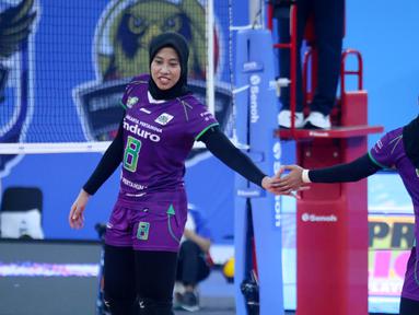 Juara bertahan tim putri Jakarta Pertamina Enduro (JPE) sukses mengamankan poin penuh setelah menumbangkan Jakarta Livin' Mandiri pada laga Proliga 2026. (Dok. PBVSI)