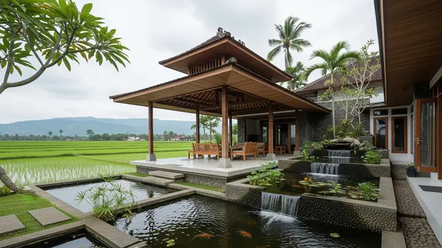 Rumah Desa Kombinasi Modern Jawa dengan Pendopo Minimalis dan Kolam Ikan