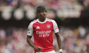 Pemain Arsenal Noni Madueke dalam pertandingan Premier League melawan Nottingham Forest di London, Sabtu, 13 September 2025. (AP Photo/Kin Cheung)