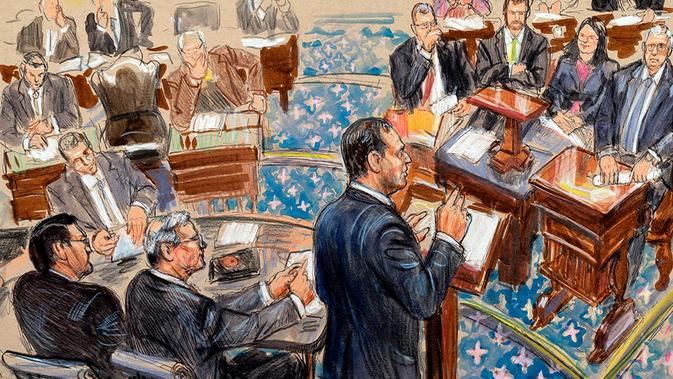 Sketsa artis ini menggambarkan manajer pemakzulan Schiff yang mengajukan argumen dalam persidangan pemakzulan Presiden Donald Trump. [Dana Verkouteren / AP Photo]