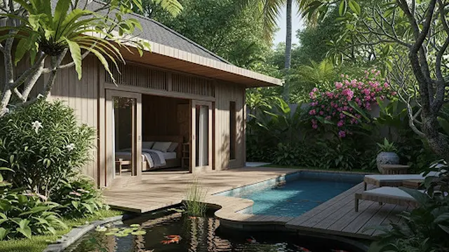 Rumah Kayu dengan Kolam Ikan atau Kolam Renang Mini